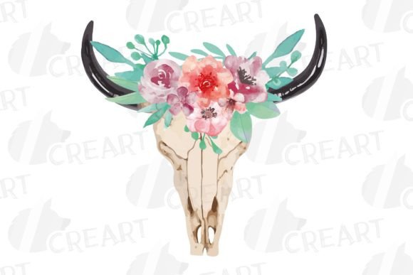 Watercolor Coral Pink Floral Bull Skull
